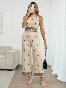 Louniche 女士春秋季雪纺印花圆领无袖上衣和阔腿裤两件套 - 彩色 - 查看 5