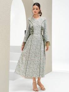 Al Najma 女士碎花腰带喇叭袖优雅阿拉伯风格连衣裙 - 綠色 - 查看 6