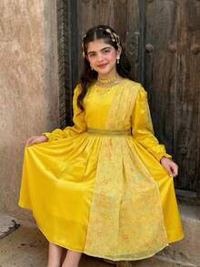 Tween Girls' Middle Eastern Arabic Princess Party Dress, Luxurious Elegant Golden Glitter & Metallic Ribbon Decor - Yellow - View 3