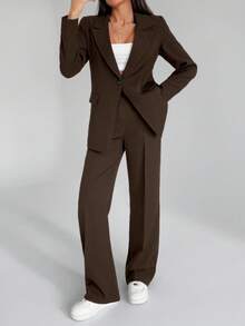EURMUSE Bộ quần áo hai mảnh màu trơn dành cho nữ, gồm áo blazer và quần dài. - Cà phê nâu - Xem 6