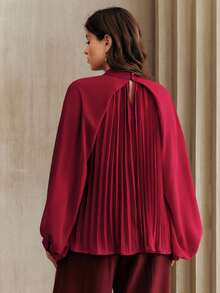 Anewsta 女士酒红色褶裥单肩蝴蝶结袖口喇叭袖休闲加大码衬衫，优雅百搭 - 酒紅色 - 查看 3