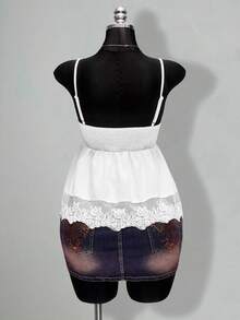 SHEIN ICON 女士加大码复古性感优雅基础休闲都市现代时尚个性化情人节V领拼接蕾丝边白色修身吊带背心 - 白色 - 查看 2