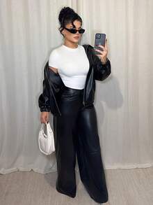 Dayanna Comas 女士皮革女裤纯色前扣简约休闲裤、日常穿着、女士下装 - 黑色 - 查看 5