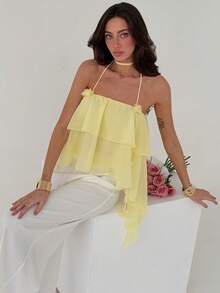 Aloruh 女士纯色3D立体花卉装饰双层荷叶边露背上衣 - 黃色 - 查看 5