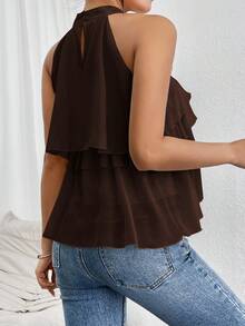 Firerie Loose Neck Ruffle Asymmetrical Chiffon Blouse - Coffee Brown - View 7