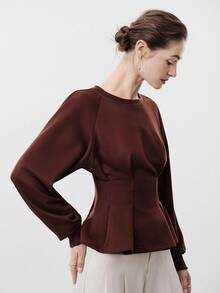 Aalyst Women's Knitted Crew Neck Raglan Long Sleeve Ribbed Patchwork Pleated Fitted A-Line Elegant Sophisticated Sweatshirt, Autumn/Winter - Brown - View 3