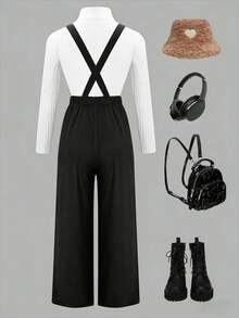 Thickened Corduroy Retro Suspender Pants For Women, Korean Style, Slim Waist Straight Leg Wide Leg Jumpsuit, Suitable For Spring, Autumn And Winter