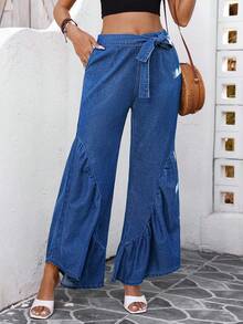 SHEIN Holidaya Quần jeans ống loe màu trơn, có bèo nhún thắt nút ở gấu quần. - Màu xanh lam - Xem 4