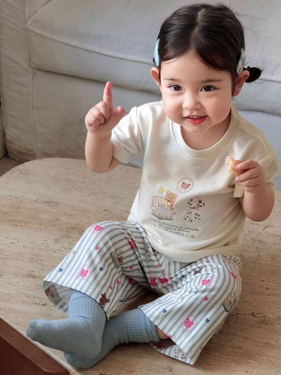 DAZY 2件套女婴卡通印花长袖T恤和条纹休闲裤家居服套装 - 白色 - 查看 1