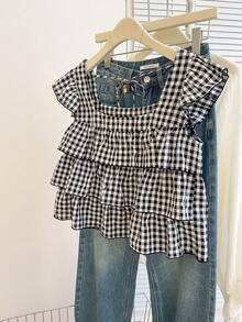 INAWLY Women's Autumn New Cute Ruffle Hem Blouse - Black and White - View 3