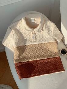SHEIN Young Boys' Textured Fabric Simple Silhouette Khaki Colorblock Polo Shirt, Casual Collegiate Comfortable & Fashionable, Versatile & Practical, Soft Fabric Suitable For Daily Wear, Travel, Outdoor, Holidays, Beach Vacation, Summer, Festivals, Spring/Summer - Multicolor - View 8