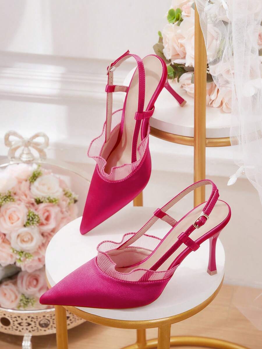 CUCCOO HITCHD Women's Pointed Toe Buckle Design Fashionable High Heels, Versatile For Daily Wear Wedding Shoes Spring Shoes Bride Shoes - Hot Pink - View 1