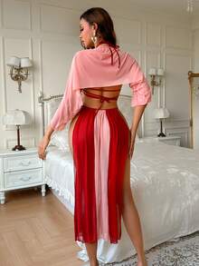 Fantasy Costume Lencería sexy para mujer, estilo exótico, estampado de seda de leche, contraste de color de malla con decoración corporal - Burdeos - Ver 3