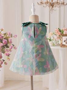 SHEIN Baby Girl Loose Elegant Big Bow 3D Flower Sleeveless Dress - Green - View 2