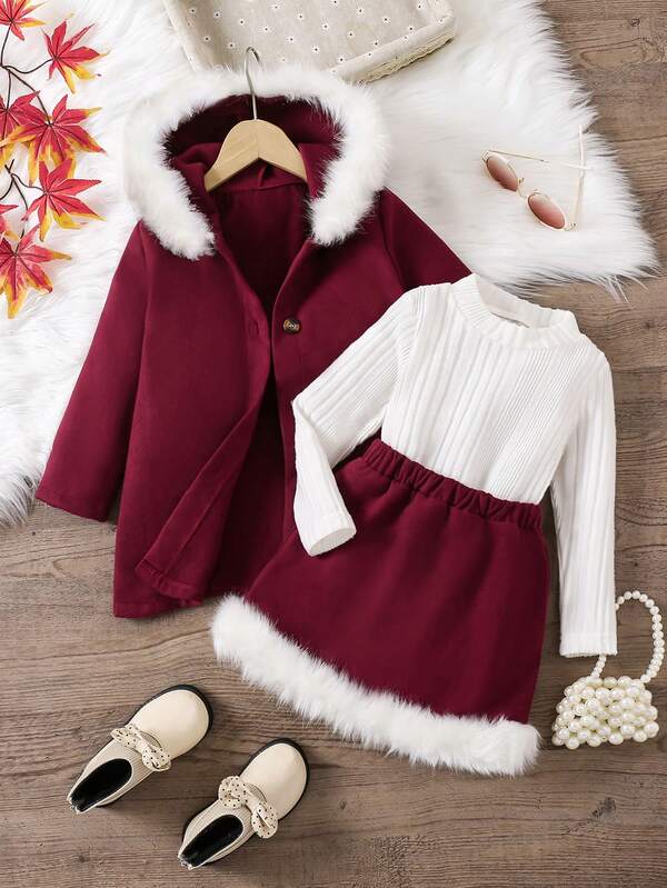 SHEIN Young Girl Casual Fluffy Splice Hoodie Jacket, Skirt And Solid Top 3pcs Set, Autumn/Winter