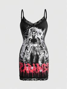 ROMWE Goth 哥特式骷髅印花撞色蕾丝迷你紧身吊带裙 - 黑色 - 查看 1
