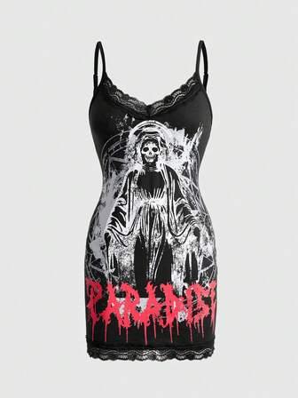 Gothic Skeleton Print Contrast Lace Mini Bodycon Slip Dress