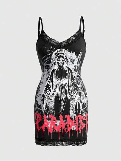 Gothic Skeleton Print Contrast Lace Mini Bodycon Slip Dress