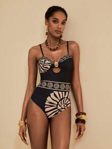 SHEIN Veneréa 女士夏季度假黑色优雅金属装饰连体泳衣及长裙两件套泳衣，沙滩装 - 彩色 - 查看 4