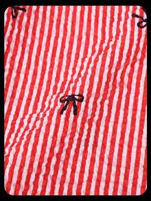 女孩粉色条纹蝴蝶结印花泡泡纹理腰带白色撞色系带宽松裤 - 紅色 - 查看 5