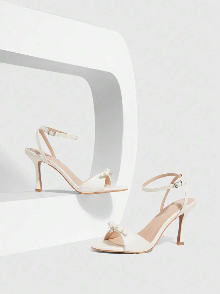 CUCCOO CHICEST Women Shoes White PU Love Diamond Buckle Design Fashionable And Elegant Spring And Summer Elegant Round Toe Ankle Strap Stiletto Sandals