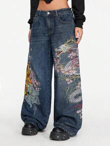 ROMWE Grunge Punk 男女皆宜的复古街头风中国虎纹花卉刺绣宽松阔腿牛仔裤 - 藍色 - 查看 4