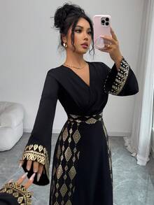 Rafferiza 方领褶裥优雅雪纺长裙，黑色金箔花卉印花，长袖，优雅浪漫，女士秋冬/春季连衣裙 - 黑色 - 查看 5