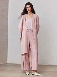 ZEYLAH Long V-Neck Shawl Collar Cinched Waist Fitted Jacket, Spring - Pink - View 6