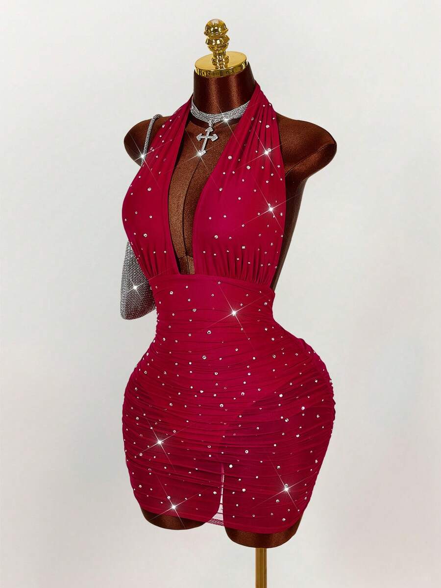 Amplova Đầm dự tiệc ôm sát không tay, hở lưng, đính đá lấp lánh - Đỏ - Xem 1