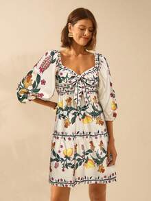 fsvsCAJUNI Vestido corto negro con mangas farol, con estampado floral y de limones vintage, y cierre delantero de lazo, de estilo bohemio para mujersdvs J4LS - Multicolor - Ver 4