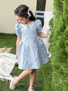 LMoss Kids Young Girl Woven Contrast Color Square Collar Puff Sleeve Casual Dress,Kids - Baby Blue - View 7