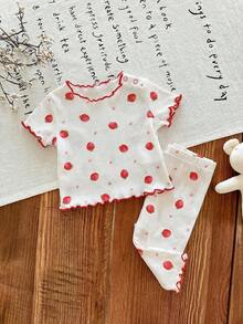 SHEIN LMoss Kids 新生女宝宝可爱卡通图案荷叶边圆领短袖针织柔软睡衣套装，2件套 - 彩色 - 查看 4