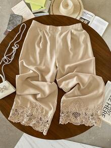 Lacomfia Plus Size Solid Color Patchwork Lace Trim Wide Leg Straight Casual Pants - Khaki - View 1