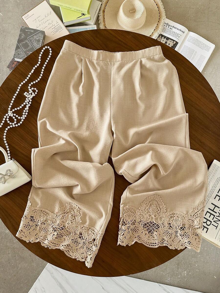 Lacomfia Plus Size Solid Color Patchwork Lace Trim Wide Leg Straight Casual Pants - Khaki - View 1