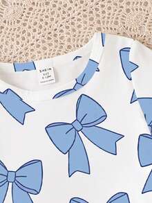 SHEIN 2 pièces/Set T-shirt à manches courtes avec imprimé nœud minimaliste et pantalon évasé bleu pour bébé fille. Convient pour les sorties d'été. - Multicolore - Voir 5