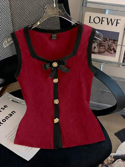 GlowEve Women's Fashion Knit Fabric Contrast Color Square Neck Sleeveless Bow Metal Button Elegant Vintage Camisole Top, Suitable For Valentine's Day, Date, Daily Commute, Spring/Summer