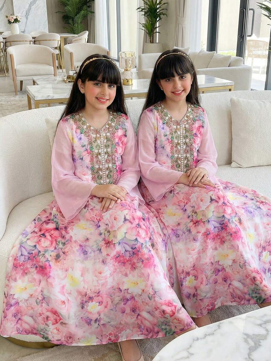 SHEIN 优雅花卉蕾丝边连衣裙,适合少女,时尚闪亮图案,中东风情,优雅精致的派对礼服 - 粉色 - 查看 1
