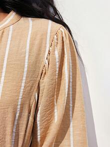 Maija Women's Striped Casual Dress With Single-Breasted Design And Waist Tie, Suitable For Everyday Wear. Striped Fabric, Simple And Practical, Easily Showcases Elegant Elegant And Carefree Charm, An Ideal Choice For Urban Women's Daily Outings - Khaki - View 6