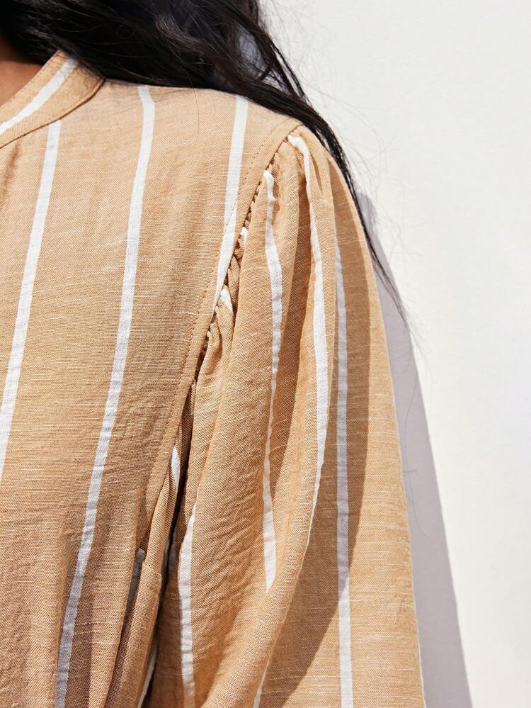 SHEIN Maija Women's Striped Casual Dress With Single-Breasted Design And Waist Tie, Suitable For Everyday Wear. Striped Fabric, Simple And Practical, Easily Showcases Elegant Elegant And Carefree Charm, An Ideal Choice For Urban Women's Daily Outings