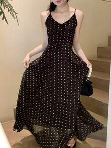 DAZY 女士波点优雅时尚约会派对长吊带连衣裙 - 棕色 - 查看 6