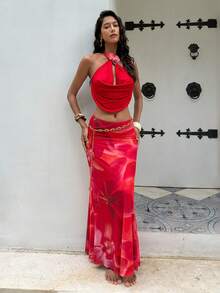 Opulessa 度假风针织网眼印花低腰鱼尾裙 - 紅色 - 查看 7