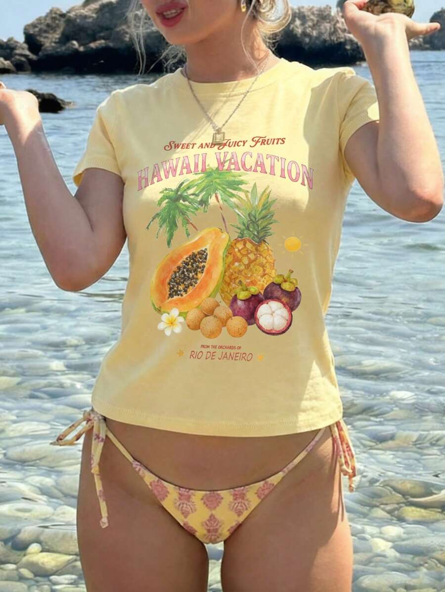 Sundraya 夏威夷度假水果印花短袖露脐T恤，浅黄色休闲海岛风 - 黃色 - 查看 1