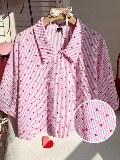 Comfortcana Plus Size Summer Casual Striped Front Button Heart Print Short Sleeve Shirt Valentine's Day