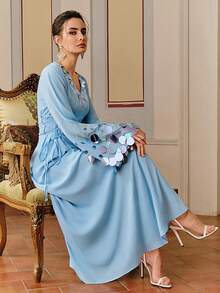 Anewsta Women's V-Neck Flare Sleeve Pearl Embellished Elegant Dress - Blue - View 7