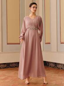 Anewsta V-Neck Chiffon Elegant Embroidered Pearl Long Dress - Coral Pink - View 6