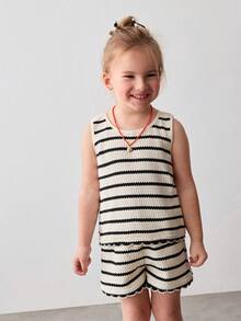 Maija Kids 2件套 女童撞色蝴蝶结圆领无袖上衣和松紧腰短裤 - 黑色 - 查看 3