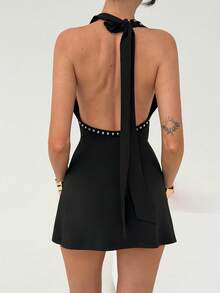 Aloruh Vestido mini de mujer con escote pronunciado y espalda descubierta, de verano - Negro - Ver 3