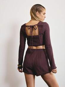 Aralina 2pcs Women Solid Color Lace Patchwork Square Neck Long Sleeve Top And Shorts Set - Burgundy - View 2