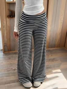 SHEIN EZwear Quần dài nữ dệt kim kẻ sọc rộng rãi thoải mái - Màu xám đen - Xem 9