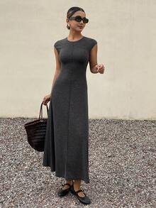 DAZY Vestido de verano de mujer elegante de unicolor, cuello redondo, sin mangas y de largo medio - Gris - Ver 3